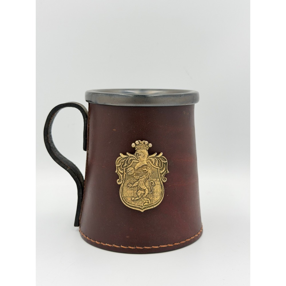 Vintage Real Hide Leather Mug Made in England Brown Heraldic Crest Medieval Bar